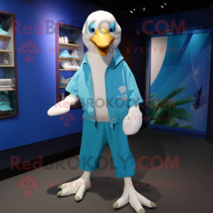 Cyan Albatross mascot costume character dressed with a Capri Pants and Earrings