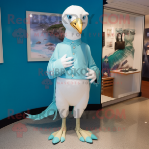 Cyan Albatross mascot costume character dressed with a Capri Pants and Earrings