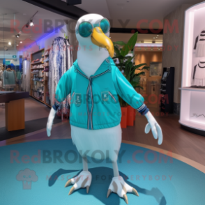 Cyan Albatross mascot costume character dressed with a Capri Pants and Earrings