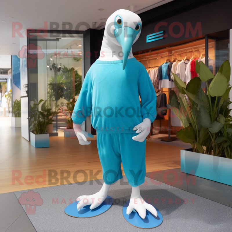 Cyan Albatross mascot costume character dressed with a Capri Pants and Earrings