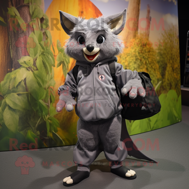 Gray Fruit Bat mascot costume character dressed with a Joggers and Wallets Gray Fruit Bat mascot costume character dressed with a Joggers and Wallets