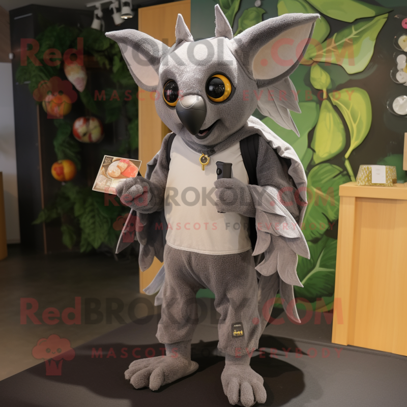 Gray Fruit Bat mascot costume character dressed with a Joggers and Wallets