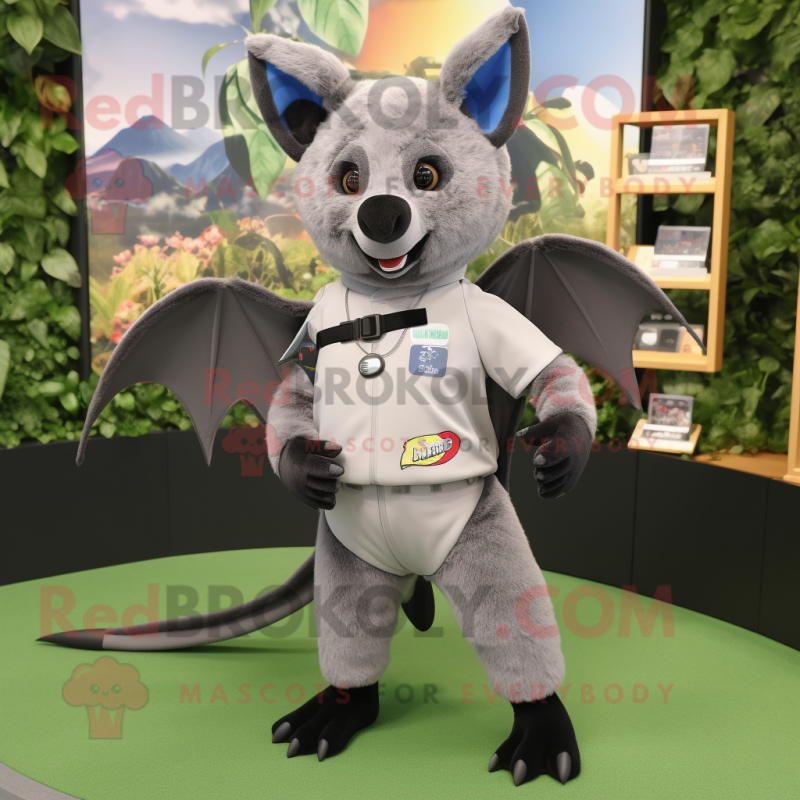 Gray Fruit Bat mascot costume character dressed with a Joggers and Wallets Gray Fruit Bat mascot costume character dressed with a Joggers and Wallets