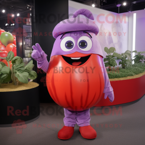 Lavender Tomato mascot costume character dressed with a Long Sleeve Tee and Cummerbunds