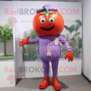 Lavender Tomato mascot costume character dressed with a Long Sleeve Tee and Cummerbunds