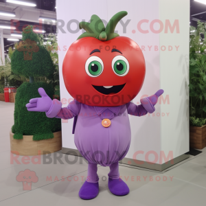 Lavender Tomato mascot costume character dressed with a Long Sleeve Tee and Cummerbunds