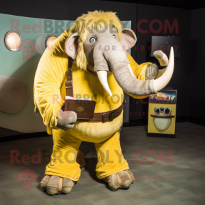 Lemon Yellow Mammoth mascot costume character dressed with a Corduroy Pants and Wallets