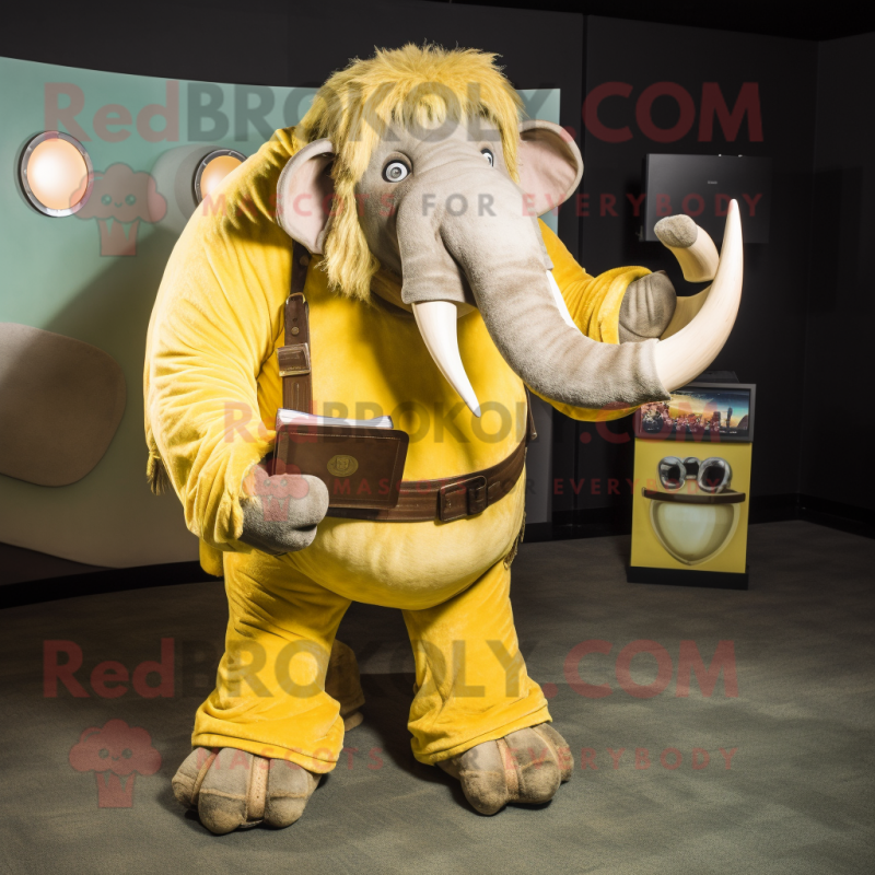 Lemon Yellow Mammoth mascot costume character dressed with a Corduroy Pants and Wallets