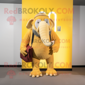 Lemon Yellow Mammoth mascot costume character dressed with a Corduroy Pants and Wallets