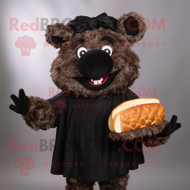 Black Pulled Pork Sandwich mascot costume character dressed with a Sweater and Cummerbunds Black Pulled Pork Sandwich mascot costume character dressed with a Sweater and Cummerbunds