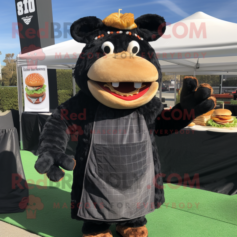 Black Pulled Pork Sandwich mascot costume character dressed with a Sweater and Cummerbunds Black Pulled Pork Sandwich mascot costume character dressed with a Sweater and Cummerbunds