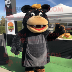 Black Pulled Pork Sandwich mascot costume character dressed with a Sweater and Cummerbunds