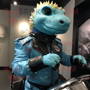 Cyan Ankylosaurus mascot costume character dressed with a Moto Jacket and Watches