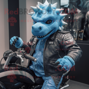 Cyan Ankylosaurus mascot costume character dressed with a Moto Jacket and Watches