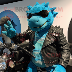 Cyan Ankylosaurus mascot costume character dressed with a Moto Jacket and Watches