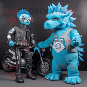 Cyan Ankylosaurus mascot costume character dressed with a Moto Jacket and Watches