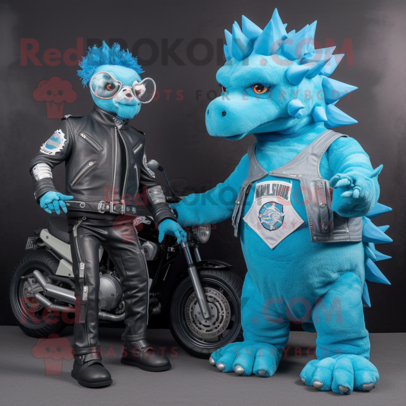 Cyan Ankylosaurus mascot costume character dressed with a Moto Jacket and Watches Cyan Ankylosaurus mascot costume character dressed with a Moto Jacket and Watches