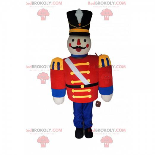 Mascotte de soldat avec une veste rouge et un grand chapeau