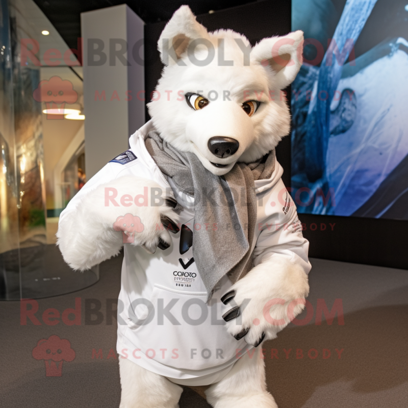 White Dingo mascot costume character dressed with a Hoodie and Scarves White Dingo mascot costume character dressed with a Hoodie and Scarves