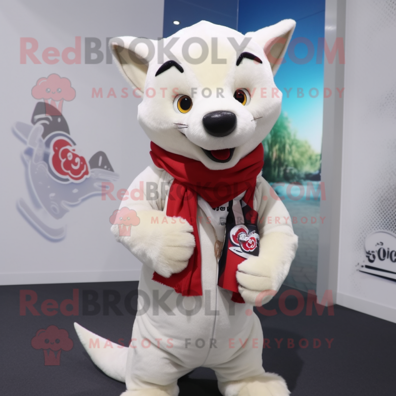 White Dingo mascot costume character dressed with a Hoodie and Scarves White Dingo mascot costume character dressed with a Hoodie and Scarves