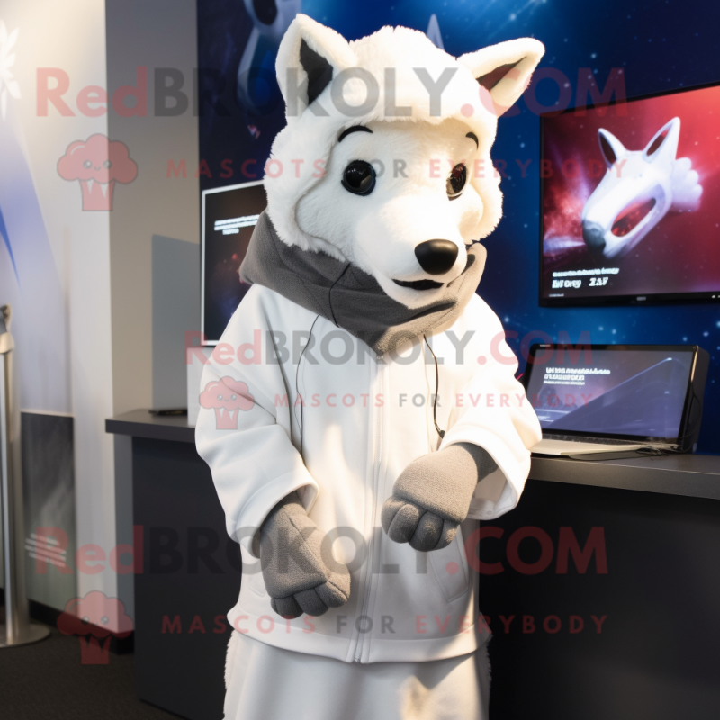 White Dingo mascot costume character dressed with a Hoodie and Scarves White Dingo mascot costume character dressed with a Hoodie and Scarves