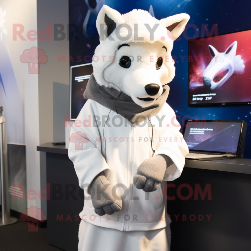 White Dingo mascot costume character dressed with a Hoodie and Scarves