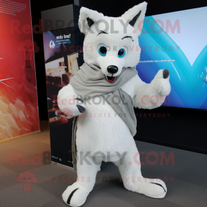 White Dingo mascot costume character dressed with a Hoodie and Scarves