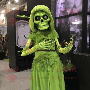 Lime Green Graveyard mascot costume character dressed with a Midi Dress and Digital watches