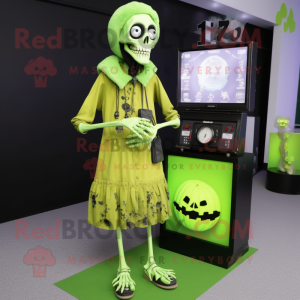 Lime Green Graveyard mascot costume character dressed with a Midi Dress and Digital watches