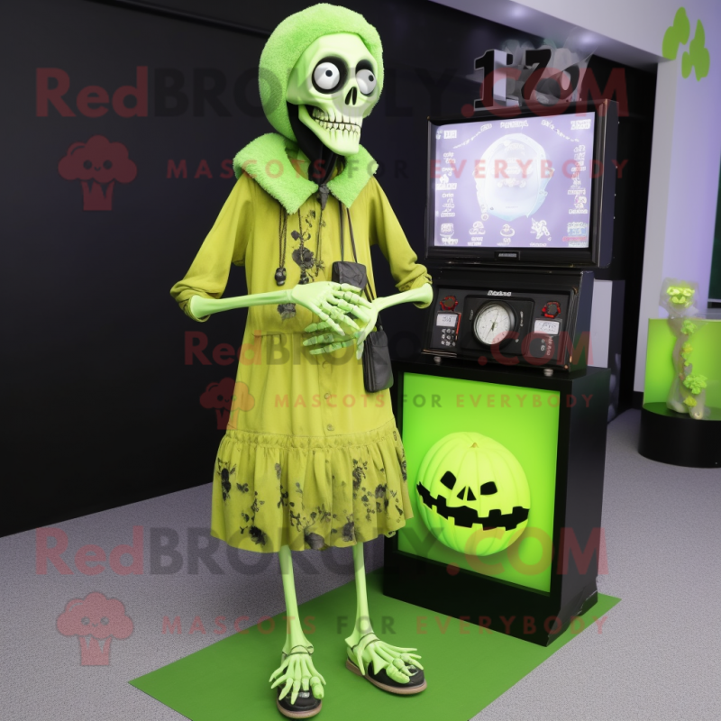 Lime Green Graveyard mascot costume character dressed with a Midi Dress and Digital watches Lime Green Graveyard mascot costume character dressed with a Midi Dress and Digital watches