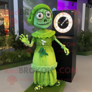 Lime Green Graveyard mascot costume character dressed with a Midi Dress and Digital watches