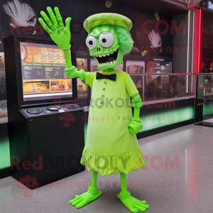 Lime Green Graveyard mascot costume character dressed with a Midi Dress and Digital watches