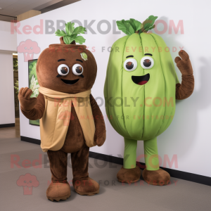 Brown Celery mascot costume character dressed with a Romper and Messenger bags