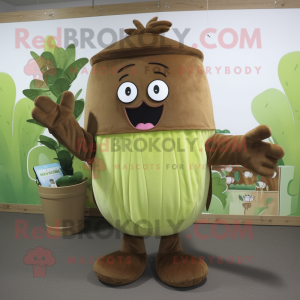 Brown Celery mascot costume character dressed with a Romper and Messenger bags