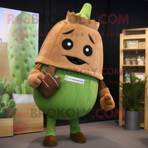 Brown Celery mascot costume character dressed with a Romper and Messenger bags