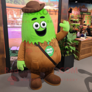 Brown Celery mascot costume character dressed with a Romper and Messenger bags