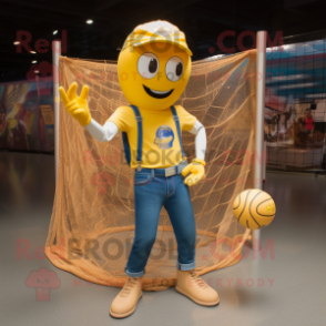 Gold Volleyball Net mascot costume character dressed with a Jeans and Messenger bags