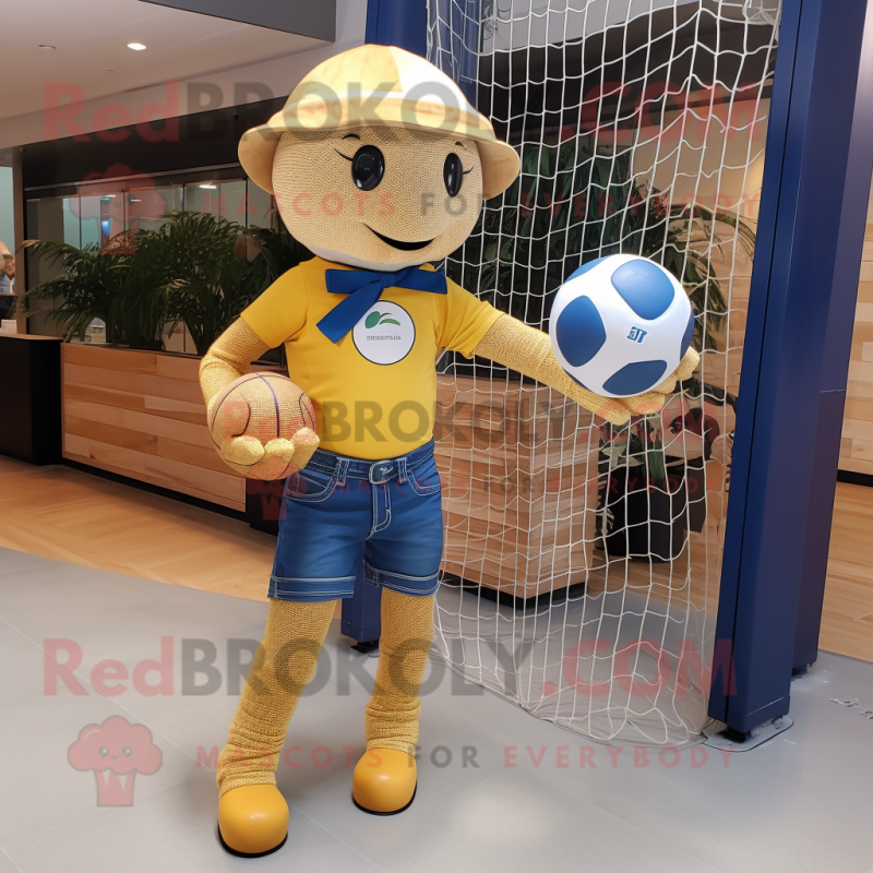 Gold Volleyball Net mascot costume character dressed with a Jeans and Messenger bags Gold Volleyball Net mascot costume character dressed with a Jeans and Messenger bags