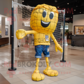 Gold Volleyball Net mascot costume character dressed with a Jeans and Messenger bags