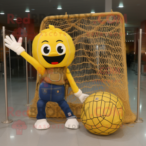 Gold Volleyball Net mascot costume character dressed with a Jeans and Messenger bags
