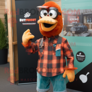 Rust Peacock mascot costume character dressed with a Flannel Shirt and Keychains