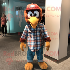 Rust Peacock mascot costume character dressed with a Flannel Shirt and Keychains