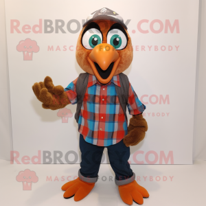 Rust Peacock mascot costume character dressed with a Flannel Shirt and Keychains