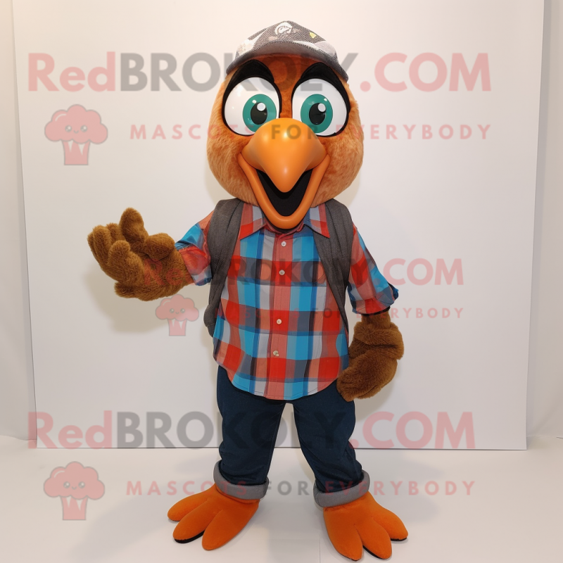 Rust Peacock mascot costume character dressed with a Flannel Shirt and Keychains Rust Peacock mascot costume character dressed with a Flannel Shirt and Keychains