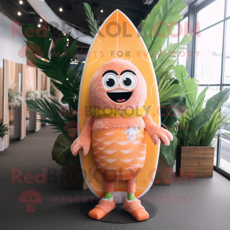 Peach Surfboard mascot costume character dressed with a Romper and Cummerbunds Peach Surfboard mascot costume character dressed with a Romper and Cummerbunds
