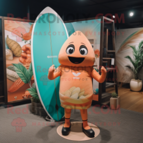 Peach Surfboard mascot costume character dressed with a Romper and Cummerbunds