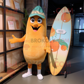 Peach Surfboard mascot costume character dressed with a Romper and Cummerbunds