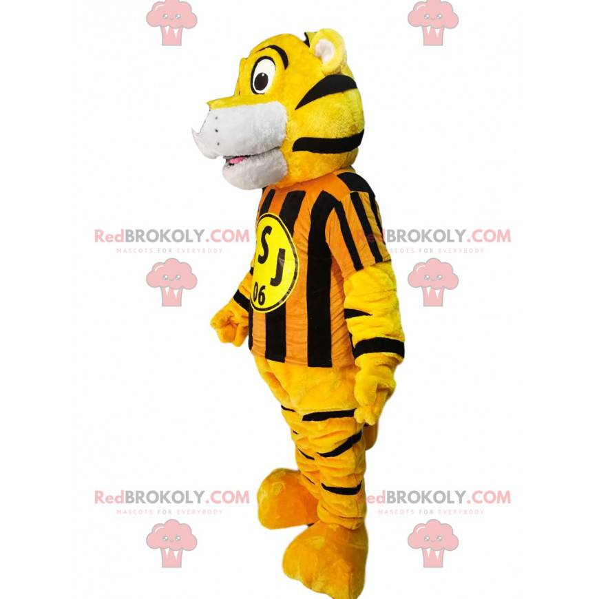 Tiger mascot with a yellow and black striped jersey -