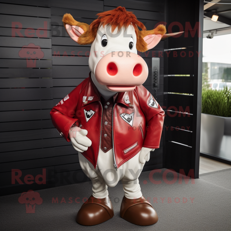 Red Hereford Cow mascot costume character dressed with a Leather Jacket and Bow ties