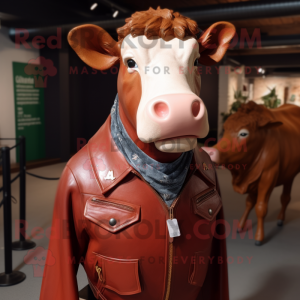 Red Hereford Cow mascot costume character dressed with a Leather Jacket and Bow ties